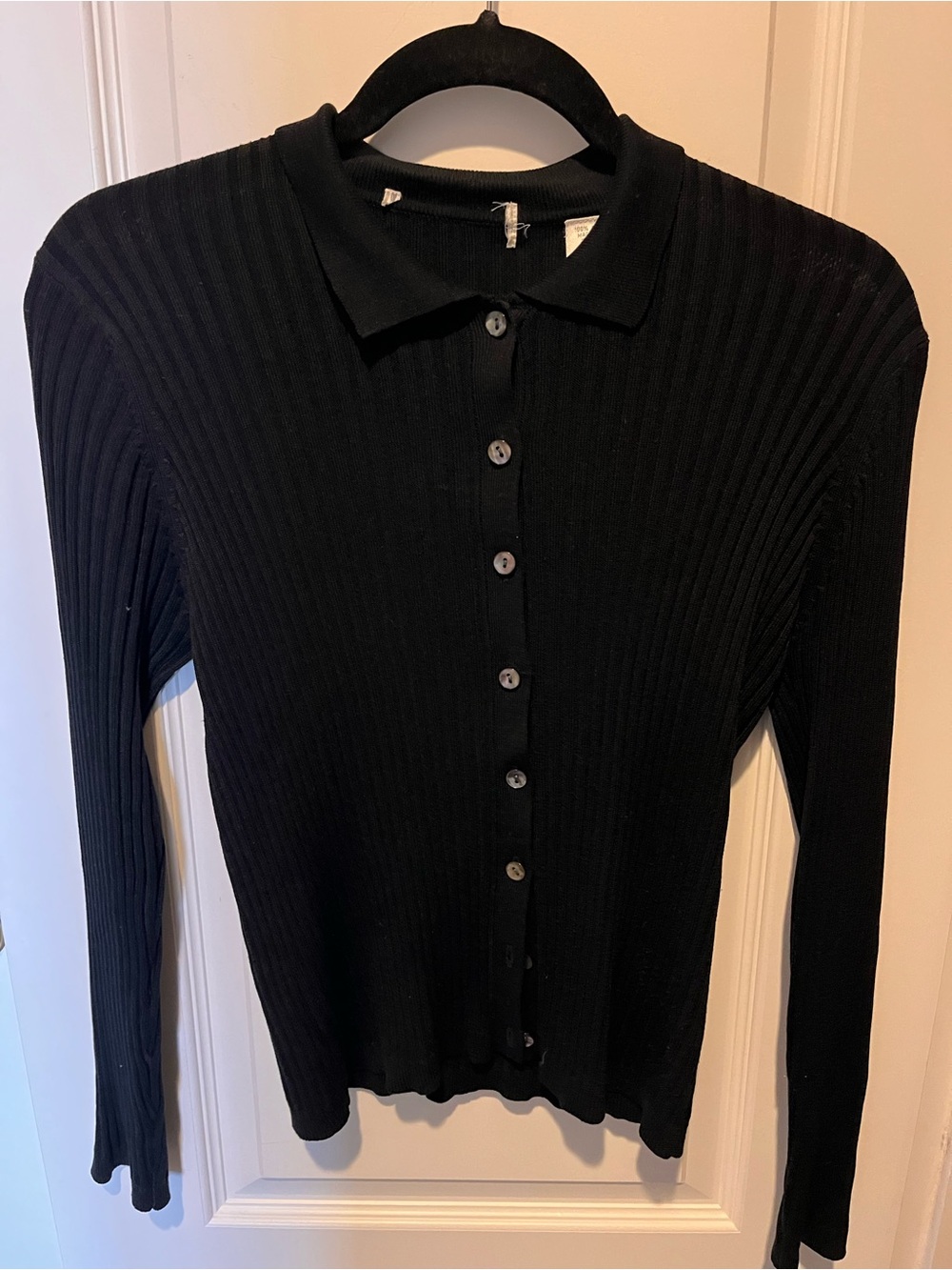 Women's Black Ribbed Button-Up Knit Top